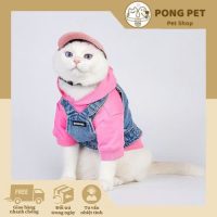 Bộ Quần Áo Thời Trang Cho Mèo – Hoodie Hồng & Yếm Jean